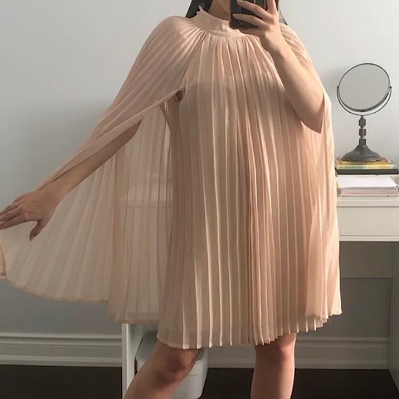 PRETTYLITTLETHING🌸 Beige, Pleated Cape Party Dress. - Picture 1 of 5